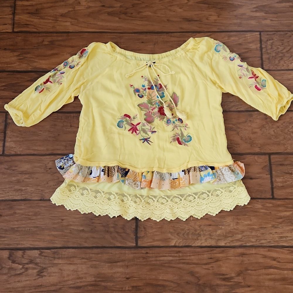 Caleooa yellow floral bohemian style blouse women's XL